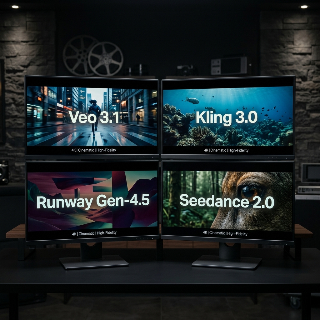 Side-by-side comparison of AI-generated video frames from Veo 3.1, Kling 3.0, Runway Gen-4.5, and Seedance 2.0 on a dark editorial background