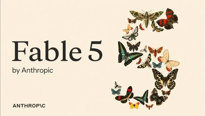 Claude Fable 5 and Mythos 5 logo overlay on a futuristic neural network visualization.