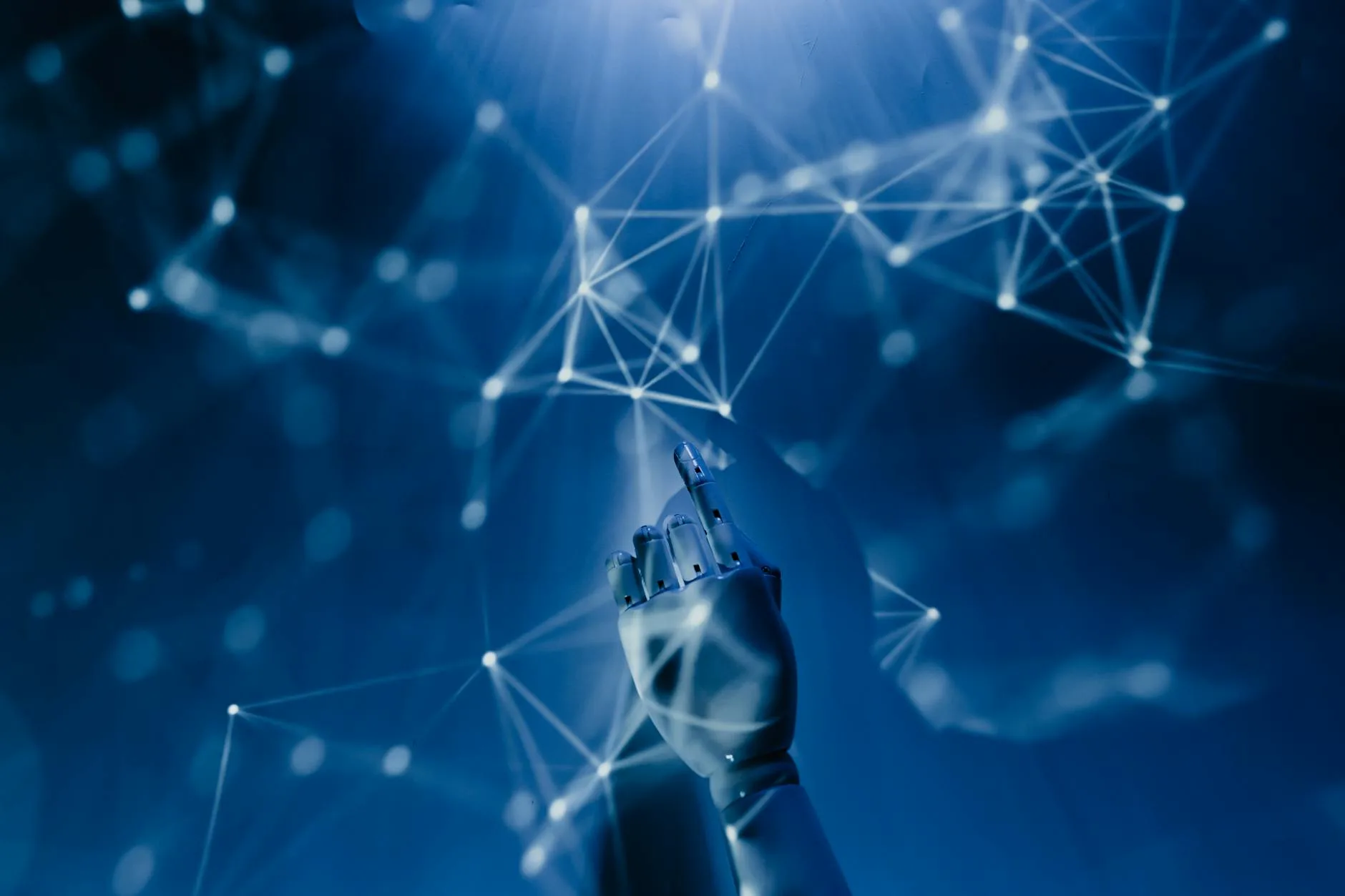 A futuristic illustration of AI networks and robots working alongside humans in 2030