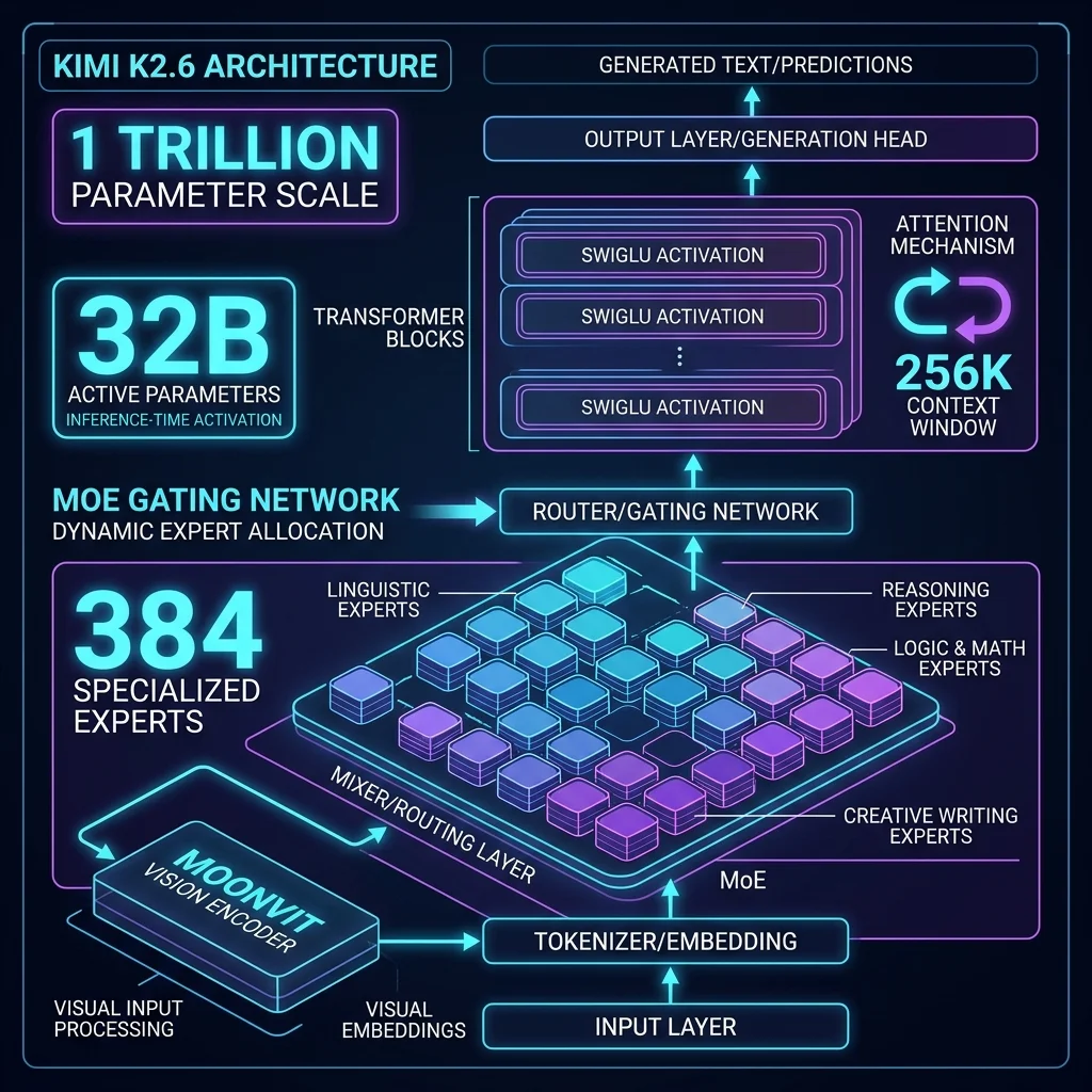 Kimi K2.6 MoE architecture diagram showing 1T total parameters, 32B active parameters, 384 experts, MoonViT vision encoder and 256K context window