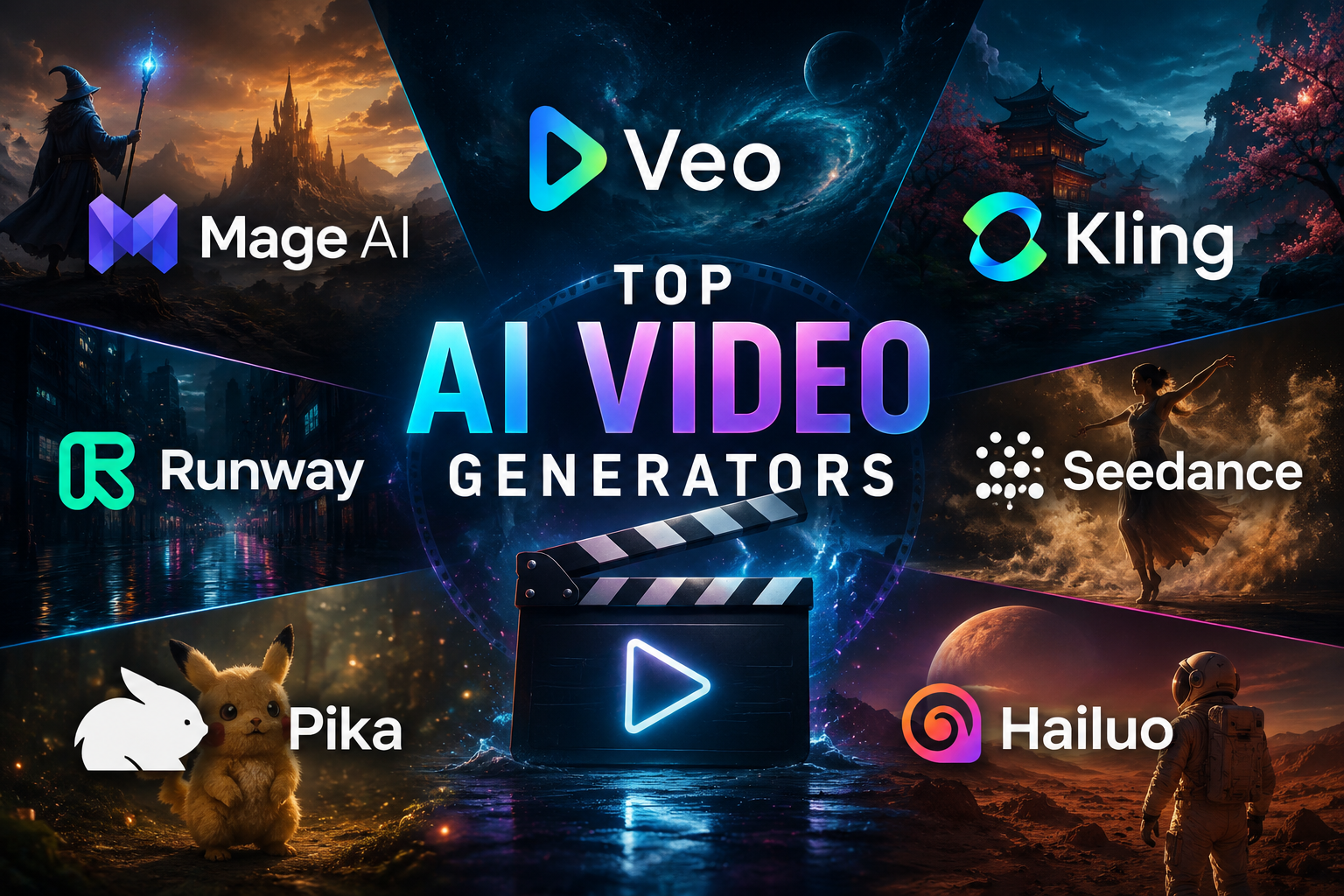 Side-by-side comparison of AI-generated video frames from Mage.ai, Veo 3.1, Kling 3.0, Runway Gen-4.5, and Seedance 2.0 on a dark editorial background