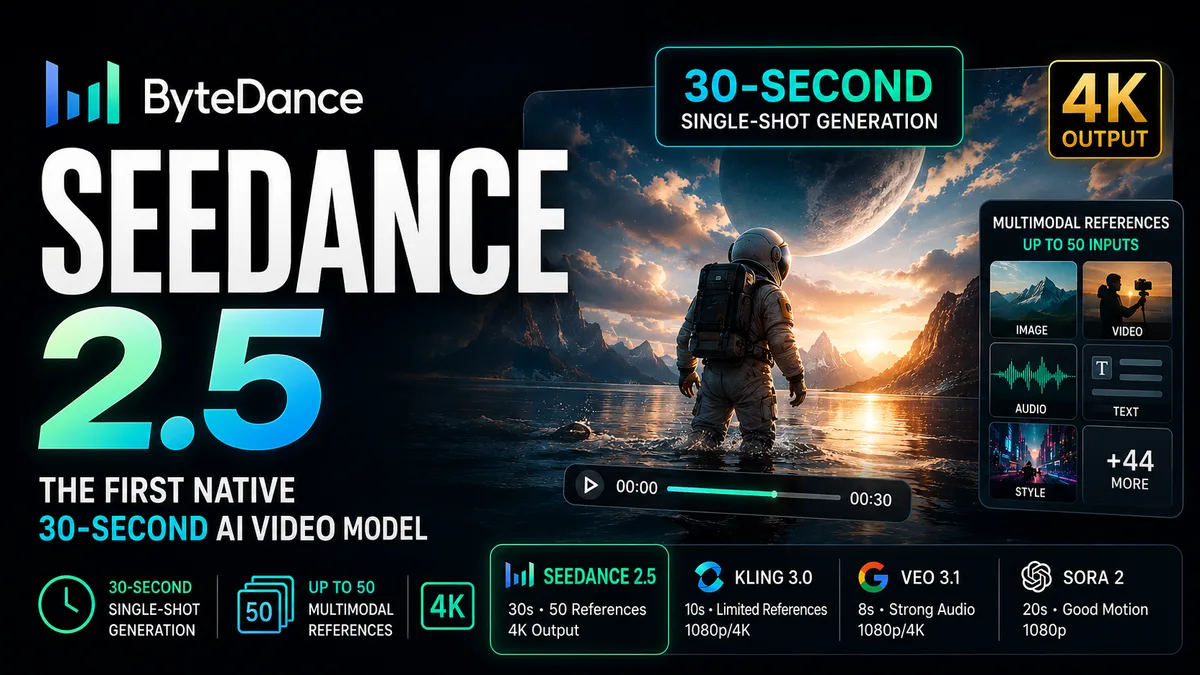 ByteDance Seedance 2.5 AI video model interface showing a 30-second single-shot generation with multiple reference inputs, compared against Kling 3.0, Veo 3.1, and Sora 2