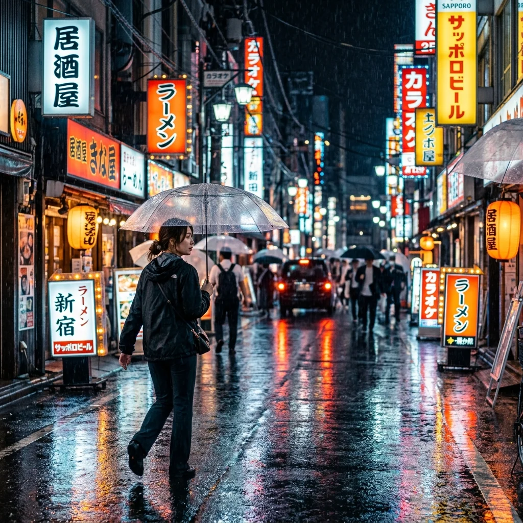 AI-generated video frame of a woman in a rainy Tokyo street at night